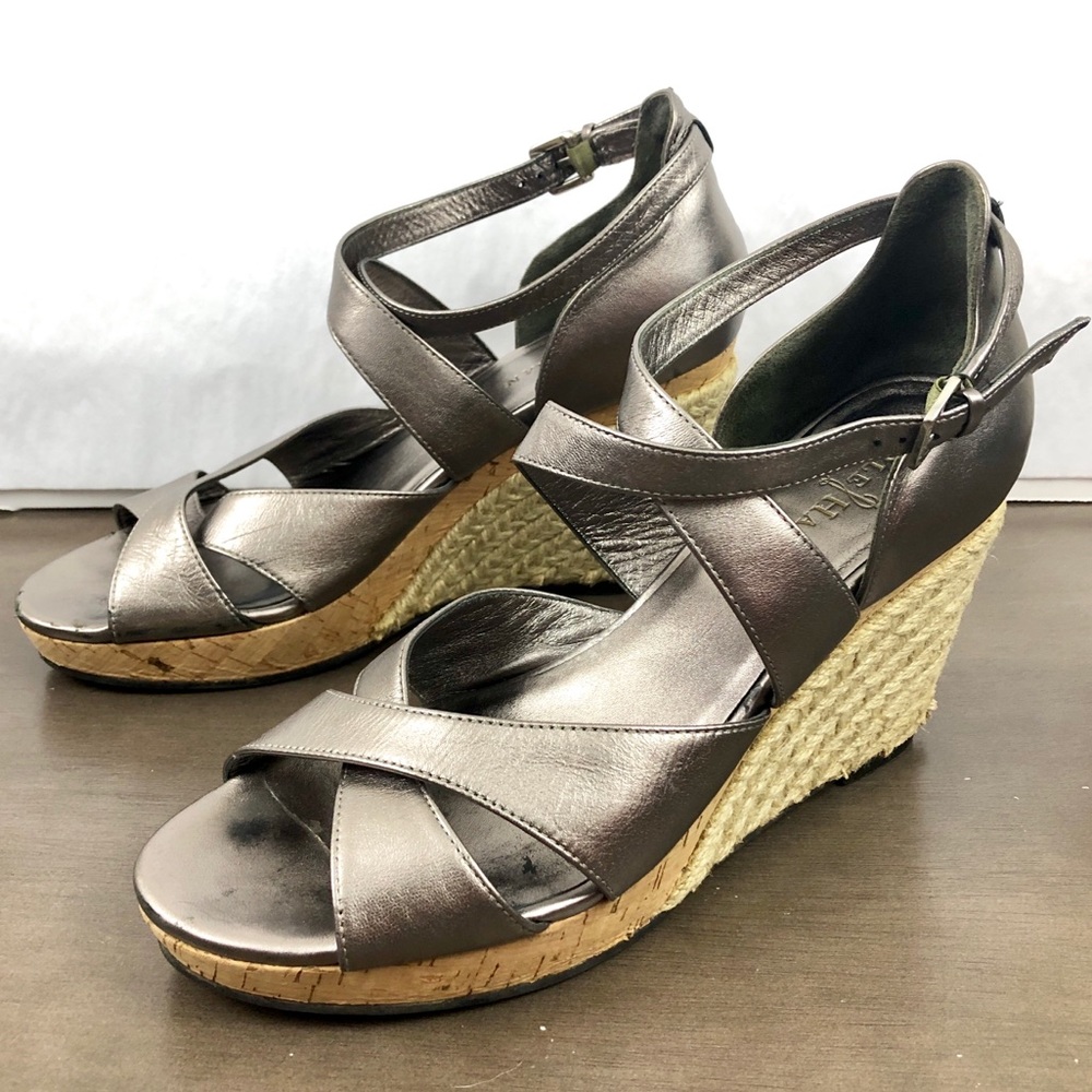 Cole Haan Metallic Pewter Leather Espadrille Wedge Sandals